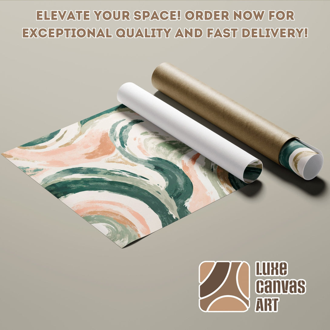 Abstract art poster roll with green, peach, and neutral tones. Elevate your space with Luxe Canvas Art!