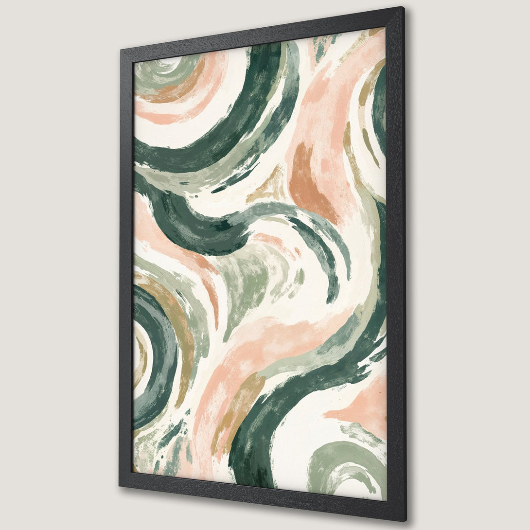 Framed Poster with abstract brushstroke design in green, pink, and neutral tones. Modern art print for stylish home decor.