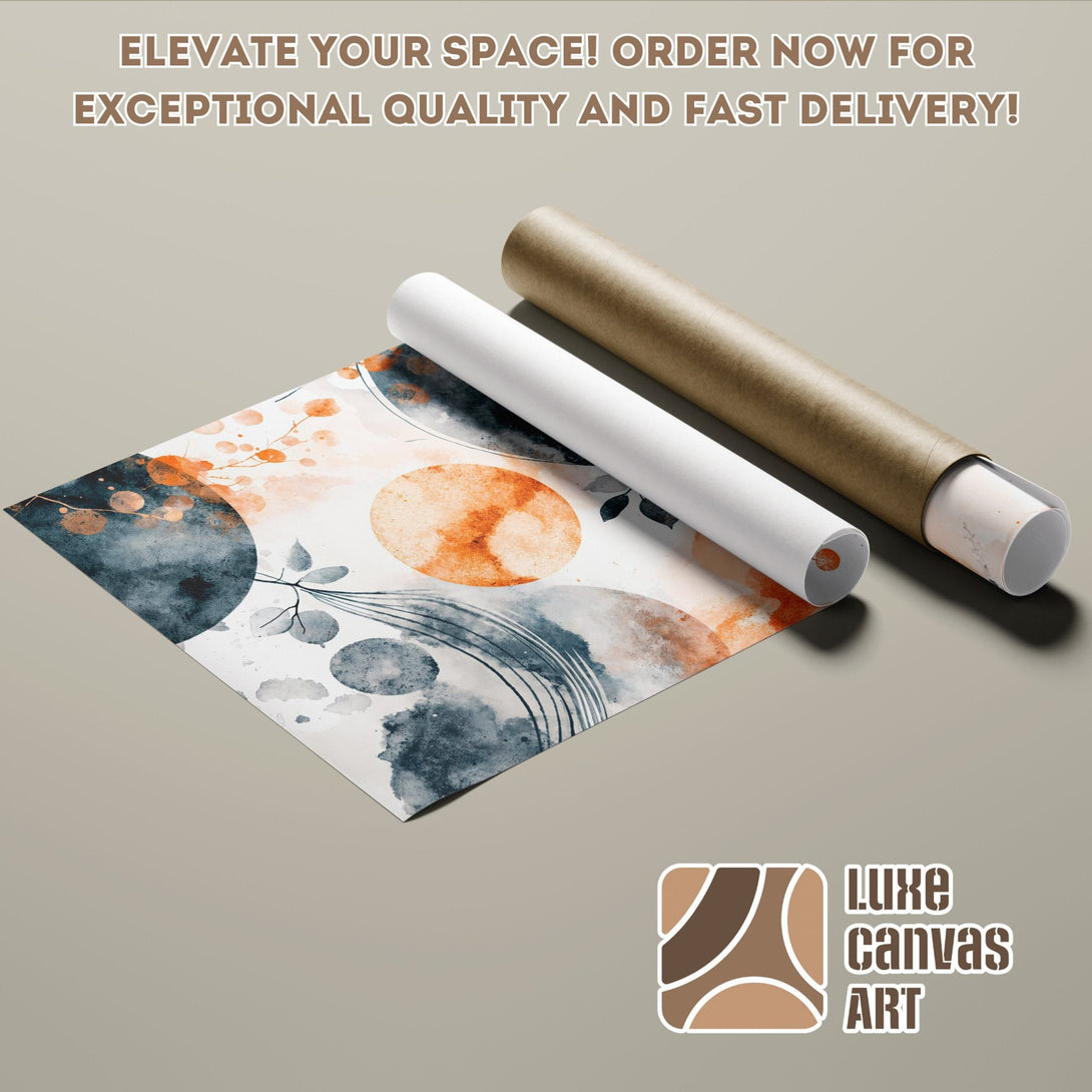 Poster Roll featuring abstract art in watercolor style with orange, blue, and neutral tones. Elevate your space with Luxe Canvas Art!