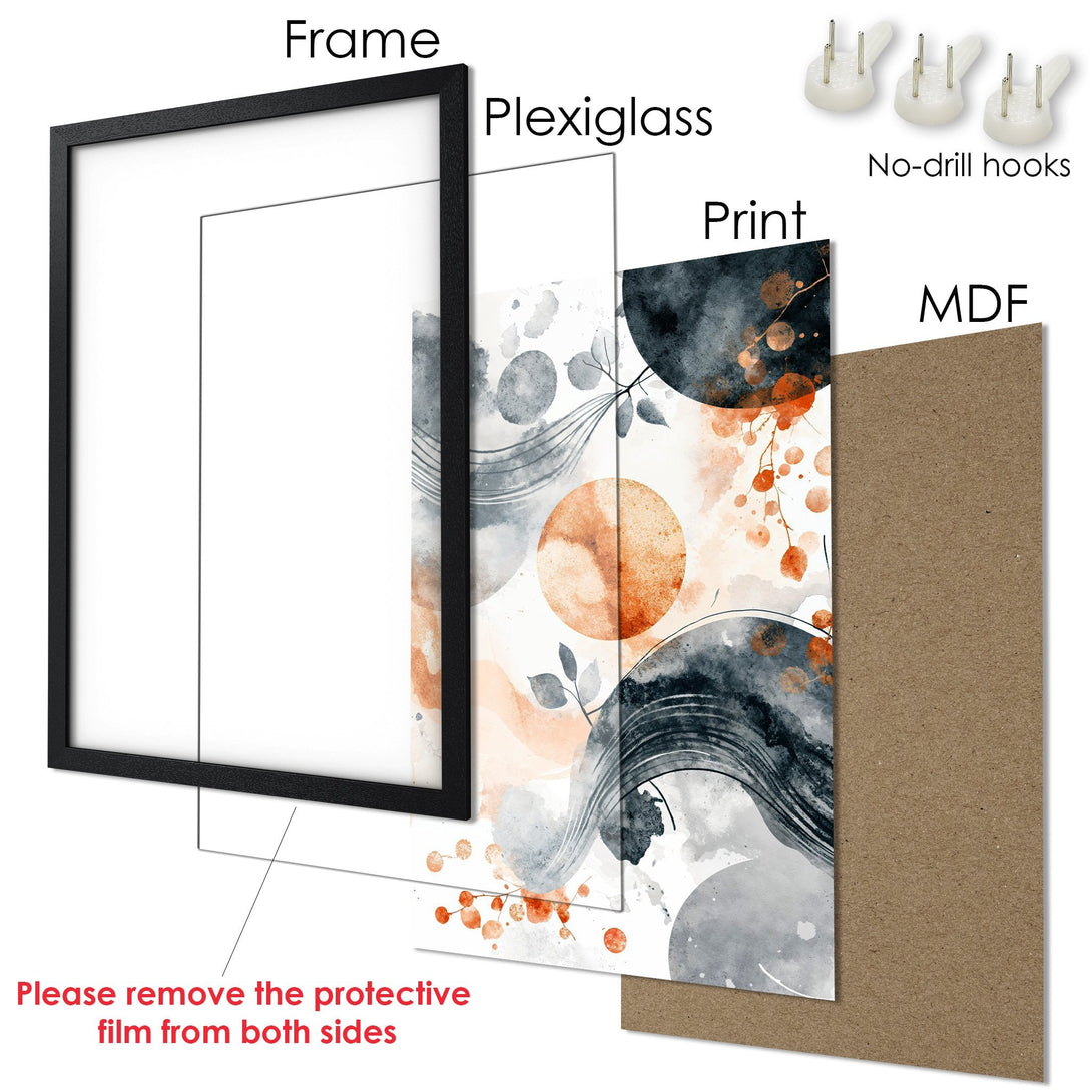 Framed Poster with abstract watercolor art in gray, orange, and white. Modern style, perfect for home decor.