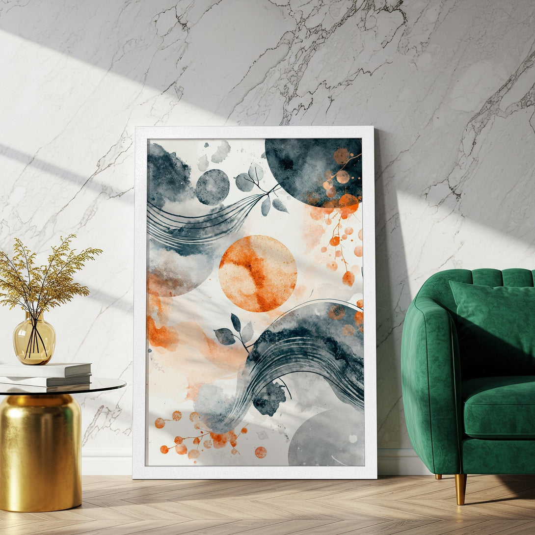 Framed Poster featuring abstract watercolor art in teal, orange, and gray. Modern wall art for home decor.