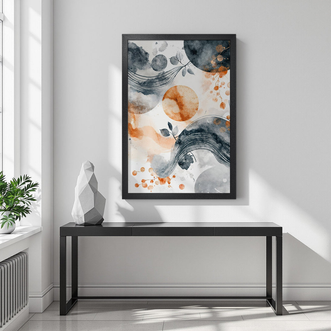 Framed Poster featuring an abstract watercolor design in navy, orange, and neutral tones. Modern art print perfect for home decor.