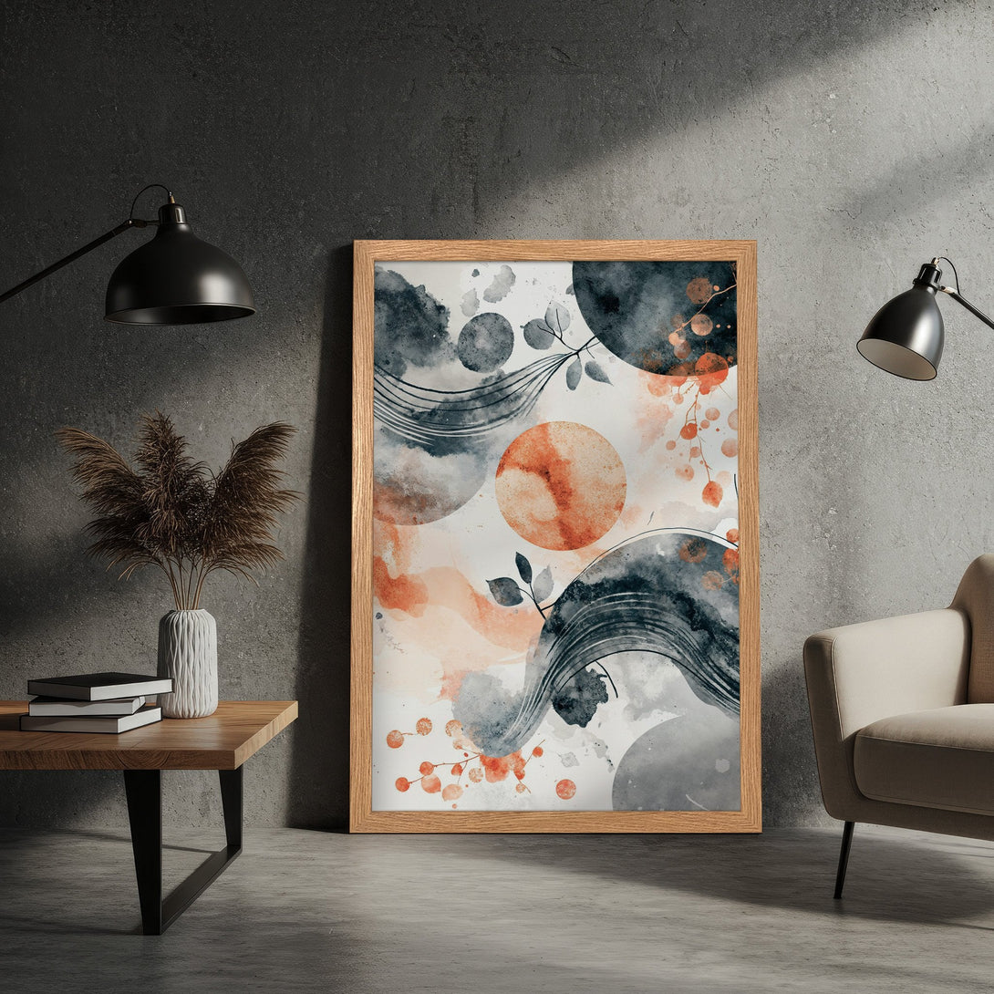 Framed Poster featuring abstract watercolor art in a modern style, with a muted palette of gray, peach, and white. Perfect wall decor!
