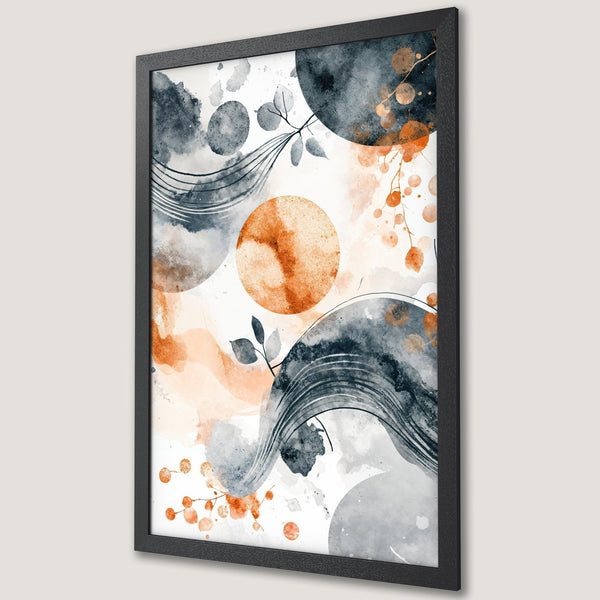 Framed Poster featuring abstract watercolor art in a modern style with navy, orange, and neutral tones. Perfect wall decor!