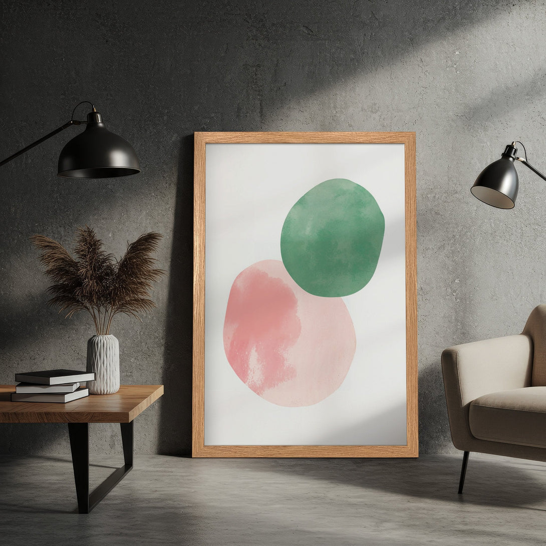 Framed Poster featuring abstract watercolor art in pink and green. Modern art print for home decor.