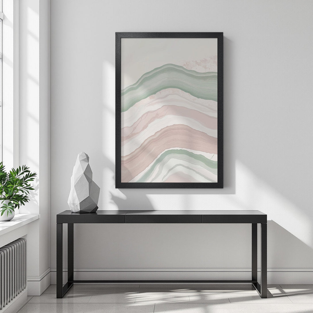 Framed Poster featuring abstract landscape art in soft pink and green tones, perfect for modern home decor.