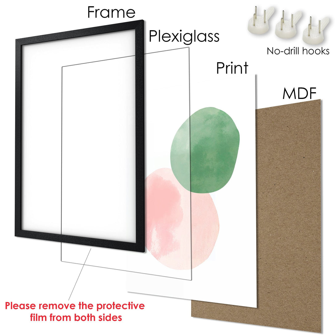 Framed Poster with abstract watercolor art in pink and green. Modern wall decor, ready to hang.