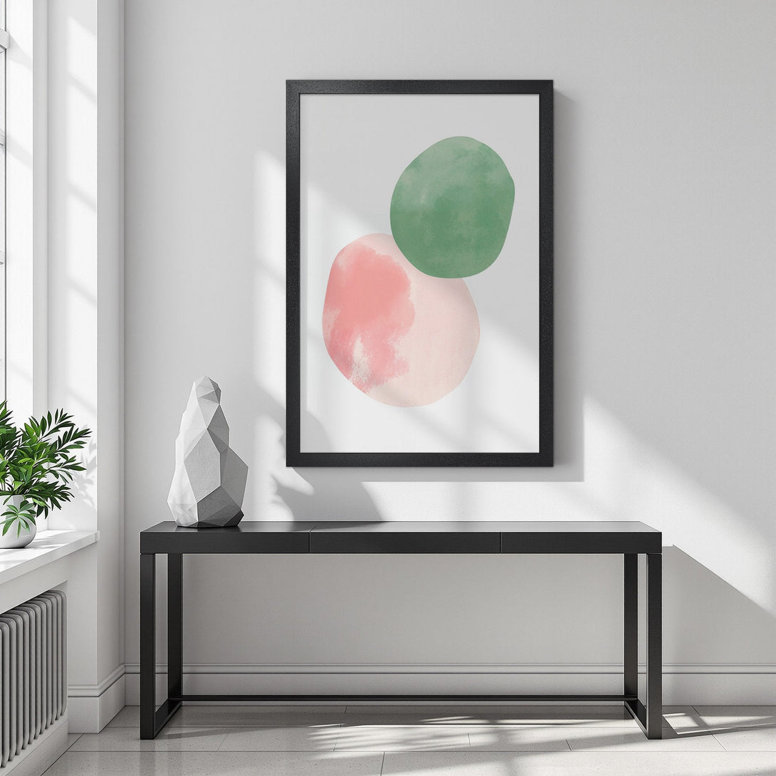 Framed Poster with abstract watercolor shapes in pink and green. Modern art for home decor.