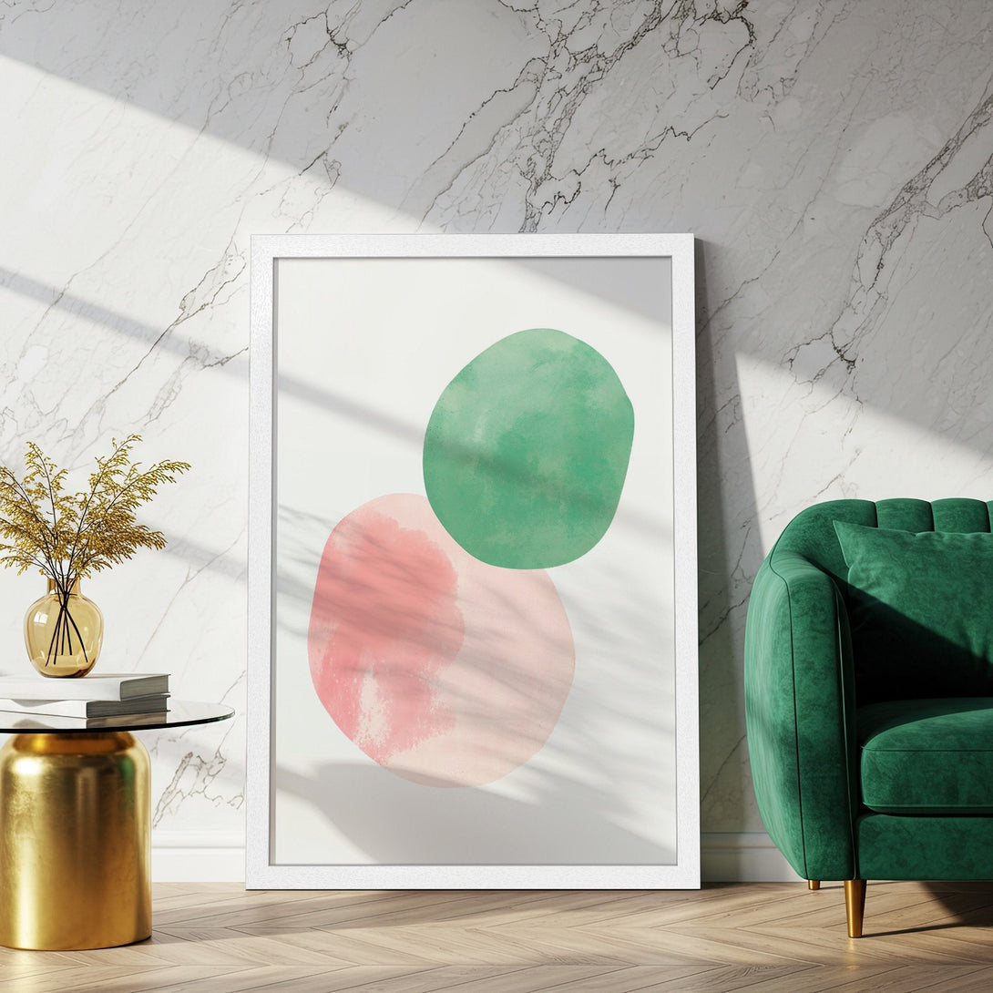 Framed Poster with abstract art featuring pink and green watercolor shapes. Modern decor in a minimalist style.