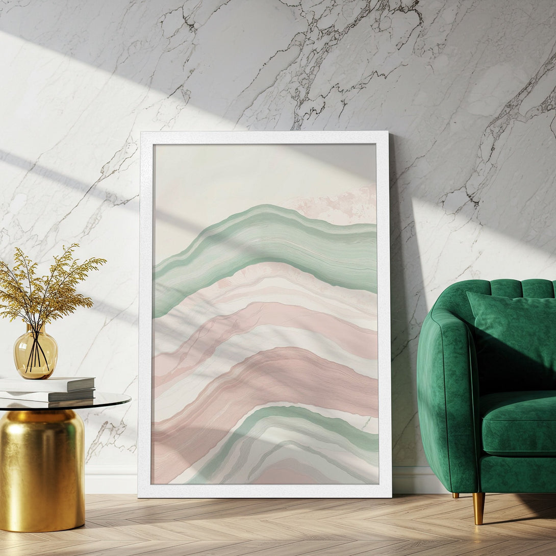 Framed Poster: Abstract landscape art in soft pink, green, and beige tones. Modern style, perfect for home decor.