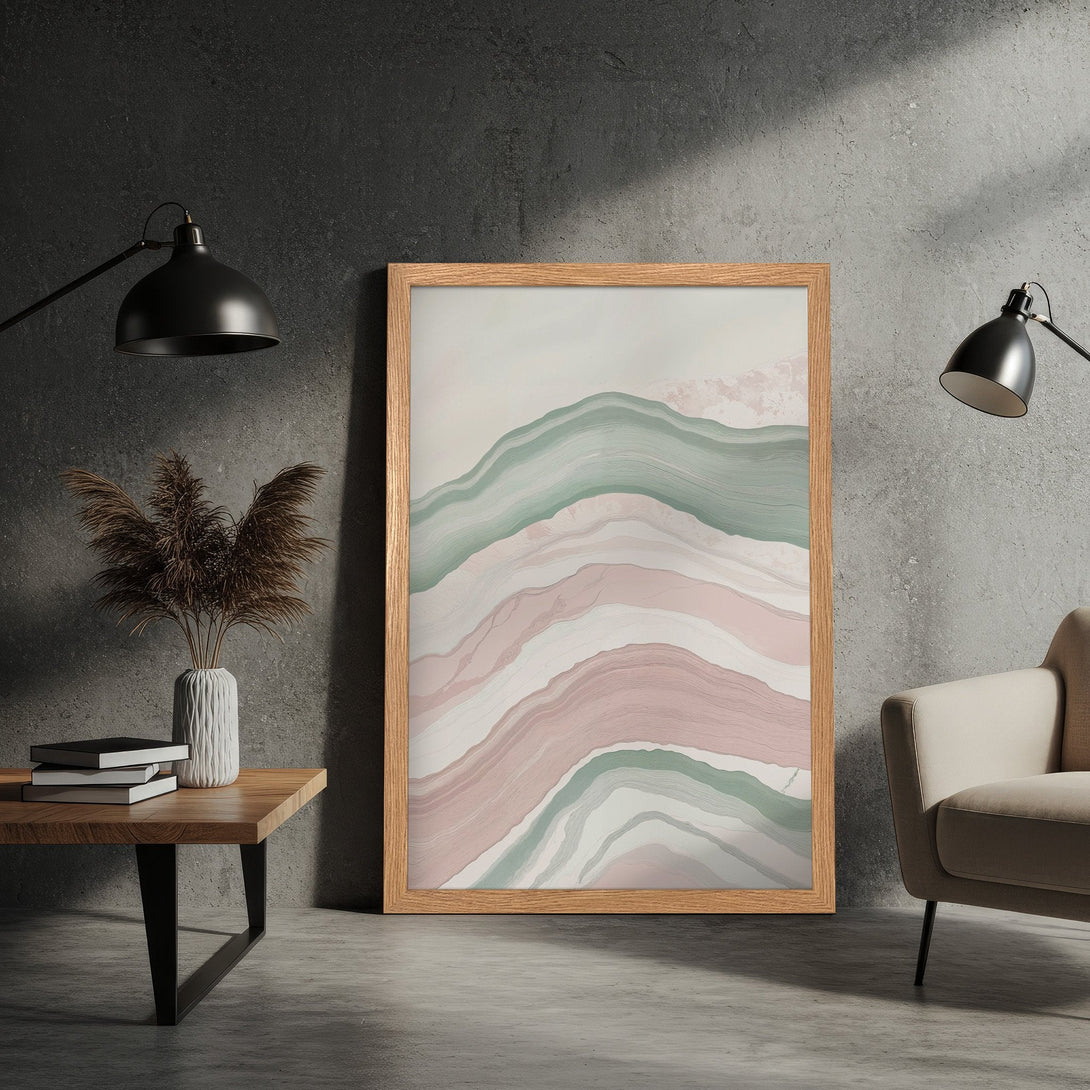 Framed Poster featuring abstract landscape art in a pastel pink and green color palette. Modern art print for home decor.