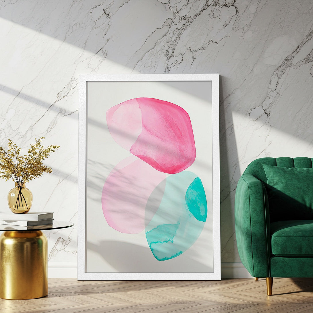 Framed Poster featuring abstract watercolor art with pink, teal, and soft tones. Modern wall art for home decor.