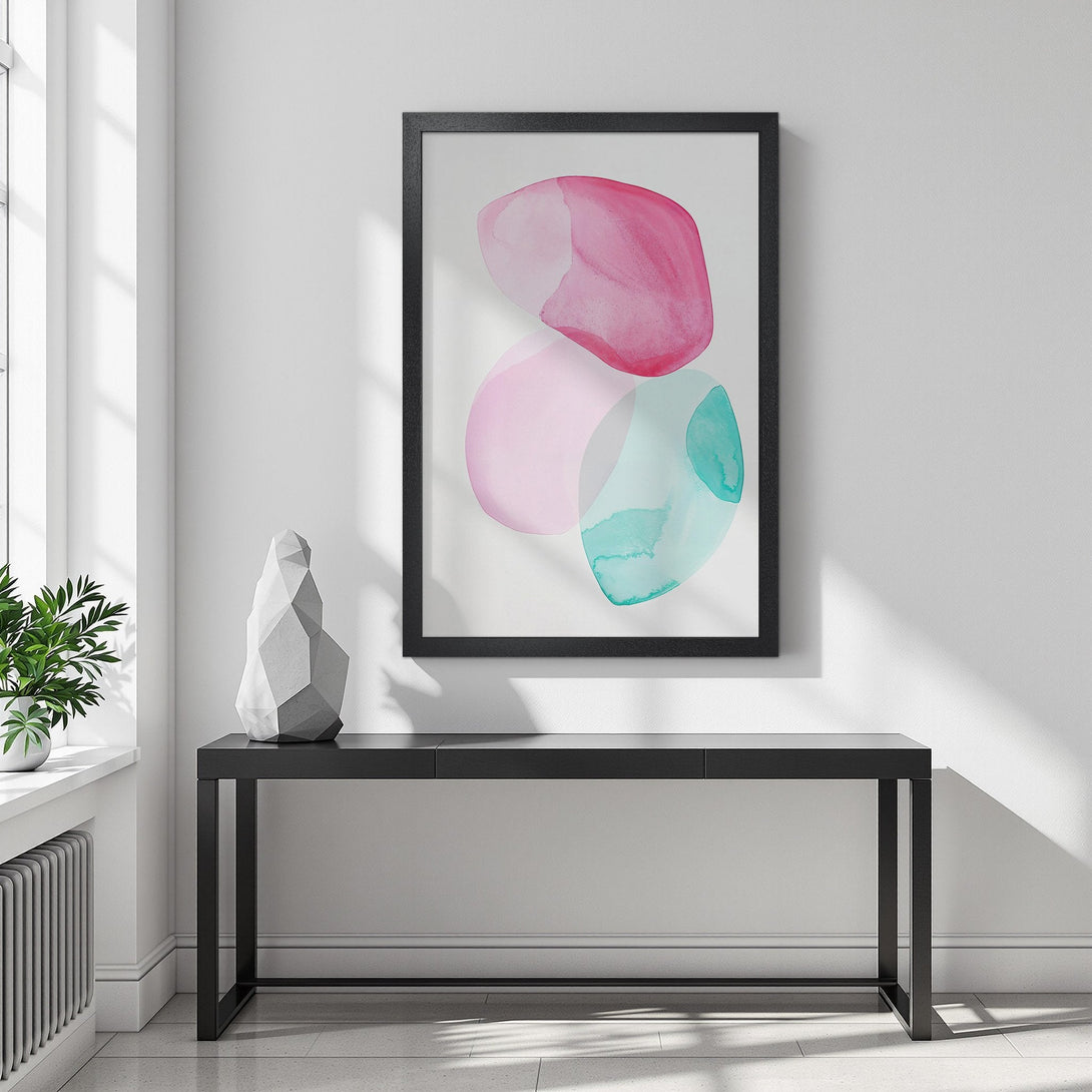 Framed Poster featuring abstract watercolor art in pink, teal, and white. Modern art print for home decor.