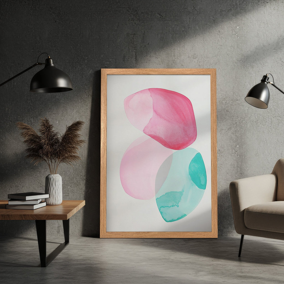Framed Poster featuring abstract watercolor art in pink, teal, and soft hues. Modern wall art for home decor.