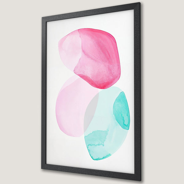 Framed Poster featuring abstract watercolor shapes in pink, teal, and white. Modern art print for home decor.