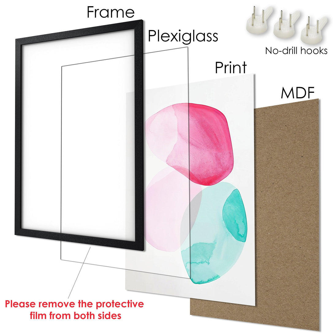 Framed Poster with abstract watercolor art in pinks and teals. Modern wall decor for your home.
