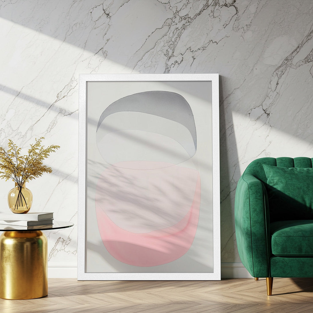 Framed Poster featuring abstract shapes in a soft pink and gray palette. Modern art print for stylish home decor.