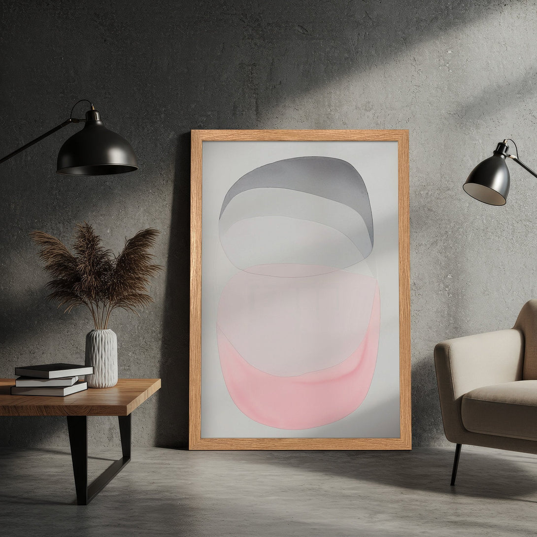 Framed Poster featuring abstract art in a minimalist style with a soft pink and gray color palette. Perfect for modern home decor.