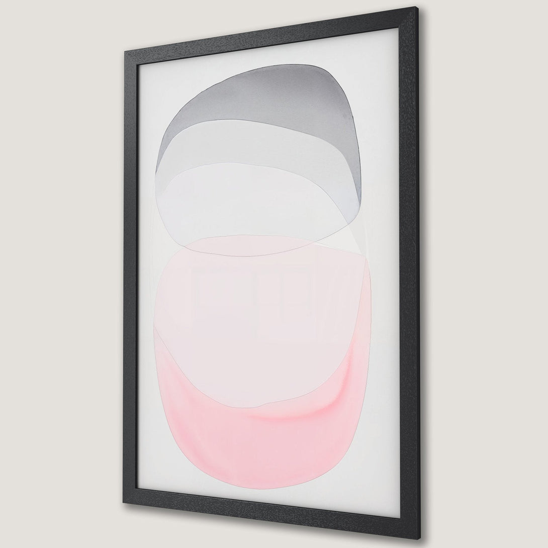 Framed Poster featuring abstract art in soft pink, gray, and white. Modern style art print perfect for any space.