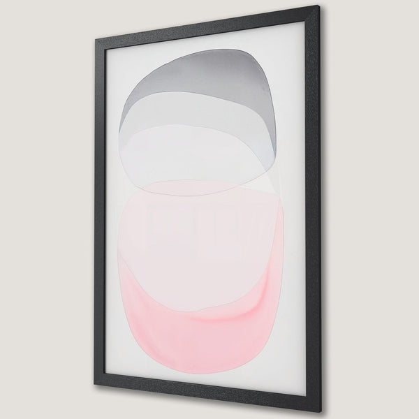 Framed Poster featuring abstract art in soft pink, gray, and white. Modern style art print perfect for any space.