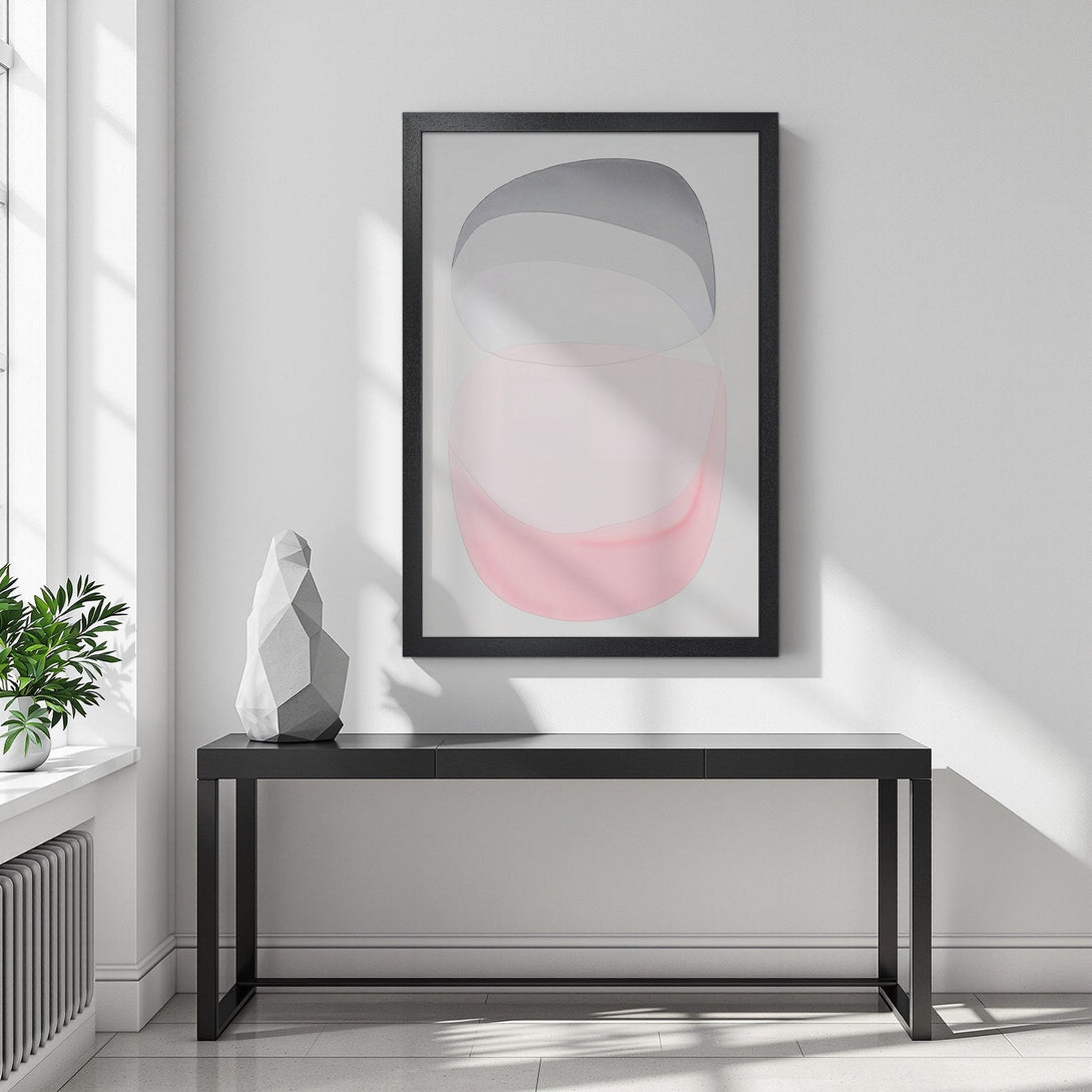 Framed Poster featuring abstract art in soft pink, gray, and white. Modern style, perfect for minimalist decor. Shop our art prints!