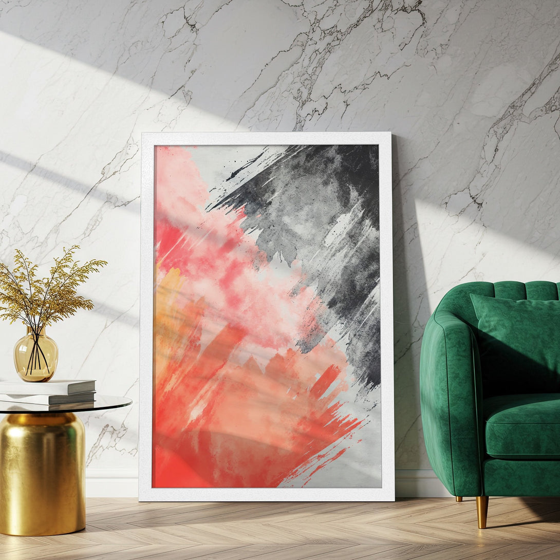 Framed Poster with abstract art in red, black and gray. Modern wall art for home decor.
