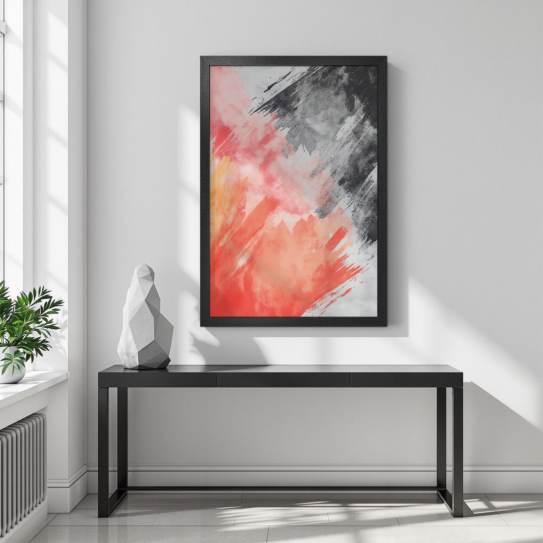 Framed Poster featuring abstract art in red, black, and gray. Modern style, perfect for home decor.