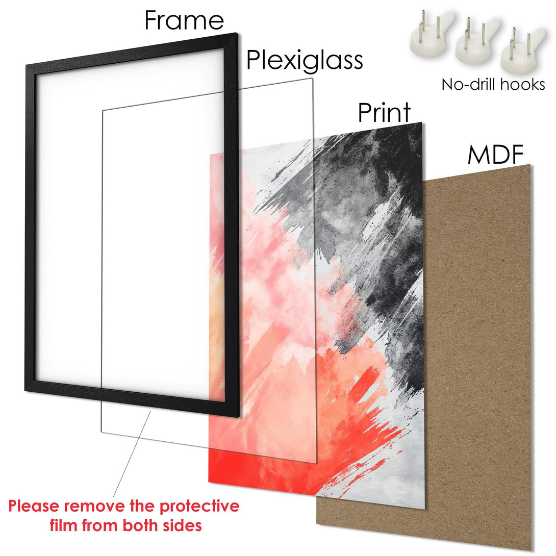 Framed Poster featuring an abstract art print in a red, black, and gray color palette. Ready to hang, modern wall art.