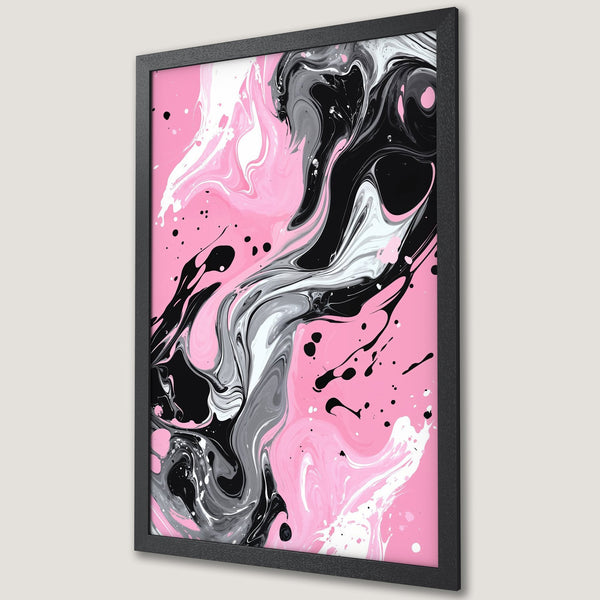 Framed Poster featuring abstract art in pink, black, white, and gray. Modern wall art decor.
