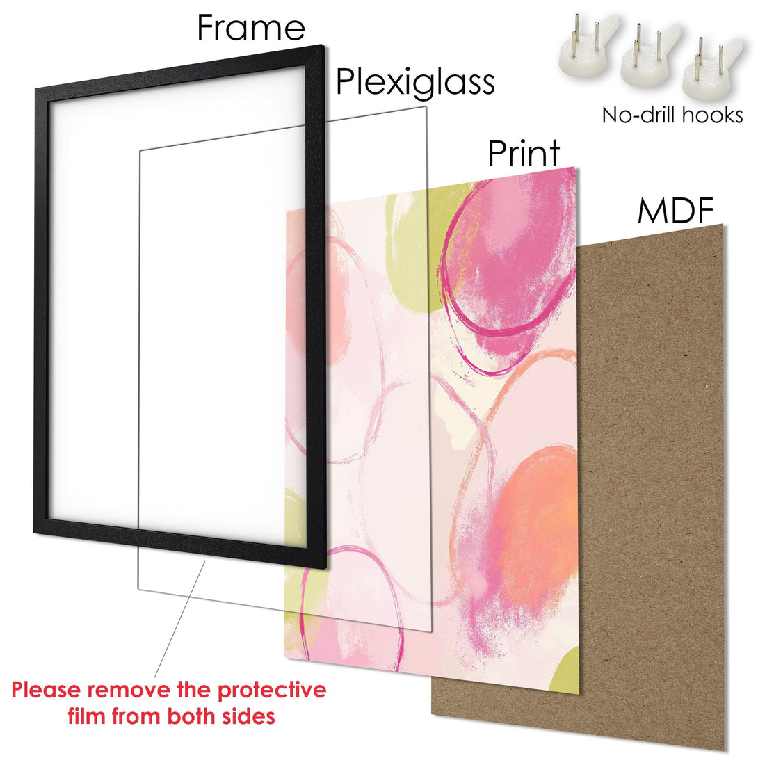 Framed Poster with abstract art in pink & peach tones. Modern style, ready to hang and brighten your space.