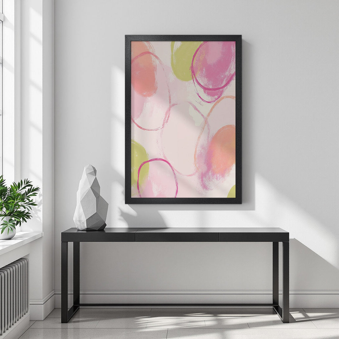 Framed Poster with abstract art. Modern style with pink, green, and peach color palette. Perfect wall decor for a pop of color!
