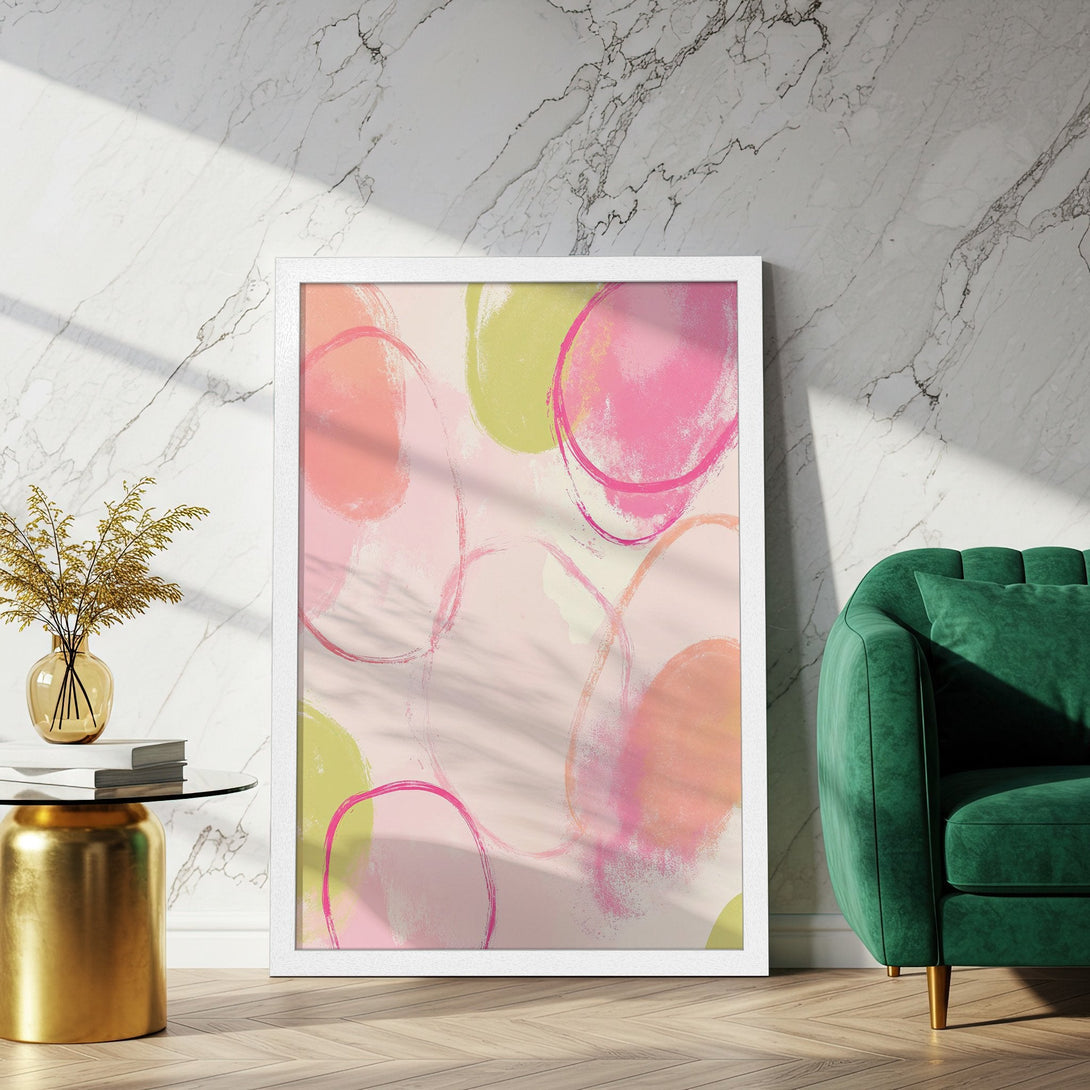 Framed Poster featuring abstract art with pink, peach, and green circles. Modern art print for home decor.