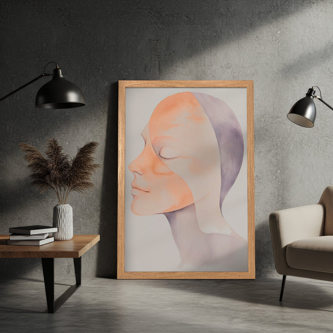 Framed Poster of a serene face in watercolor style, featuring peach and purple tones. Perfect for modern home decor.