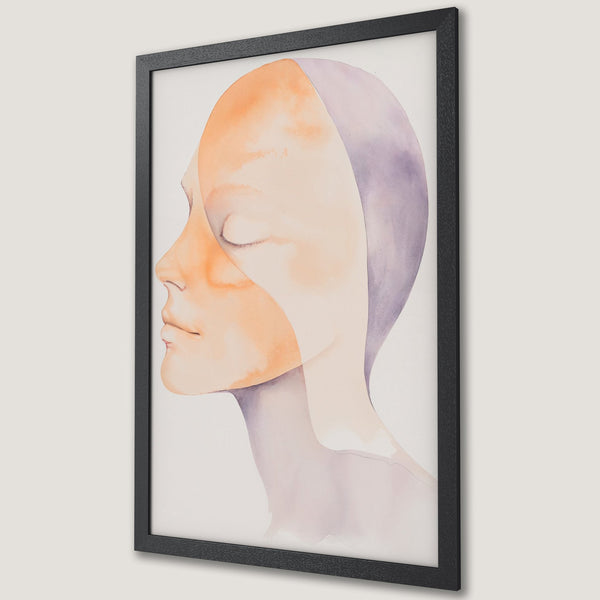 Framed Poster featuring a watercolor portrait of a woman's face. Soft, abstract style with orange, purple, and neutral tones. Perfect wall art!