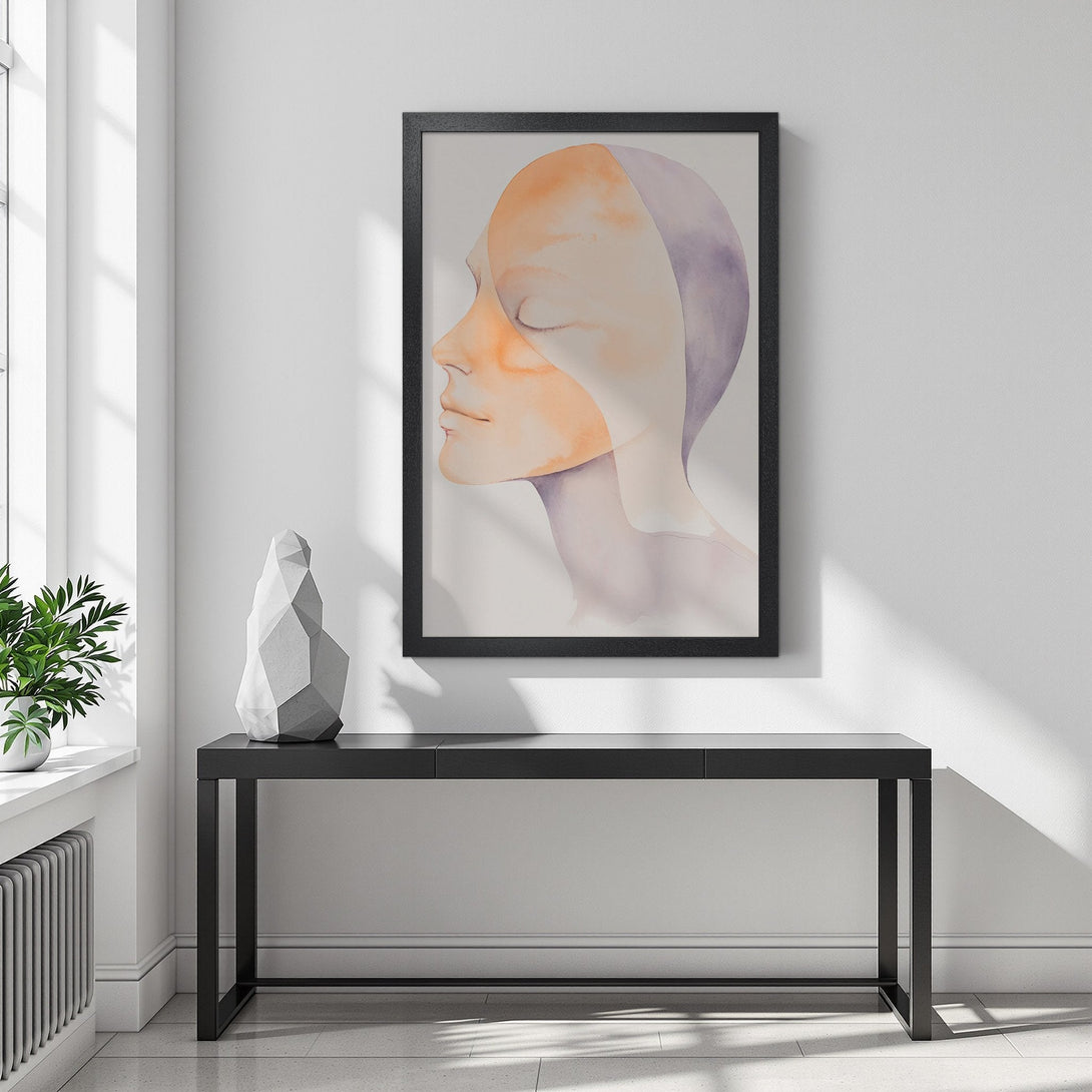 Framed Poster featuring a serene watercolor portrait in orange and purple hues. Perfect wall art for modern decor.