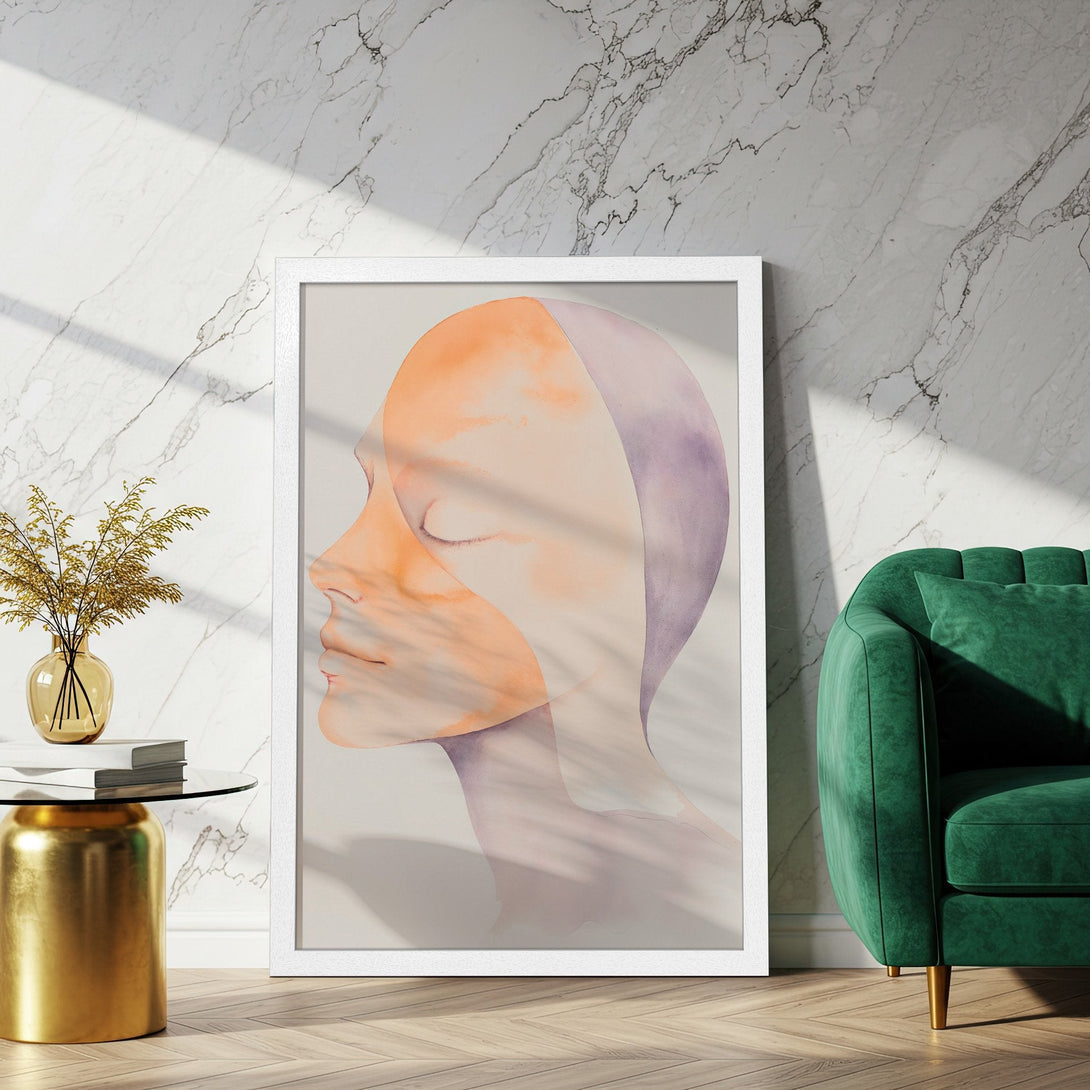 Framed Poster featuring an abstract watercolor face in warm orange and purple tones. Perfect wall art for modern decor.