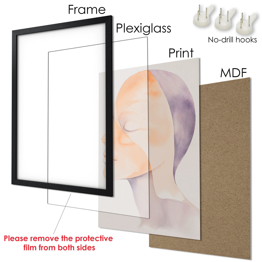 Framed Poster with abstract watercolor art in a muted peach and purple palette. Modern wall decor for your home.