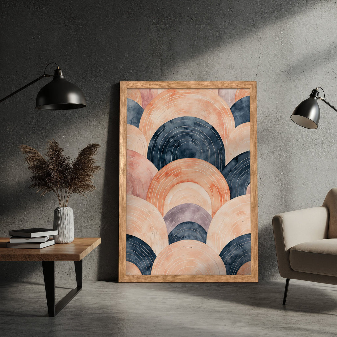 Framed Poster featuring abstract watercolor arches in peach, navy, and mauve. Modern art print for home decor.