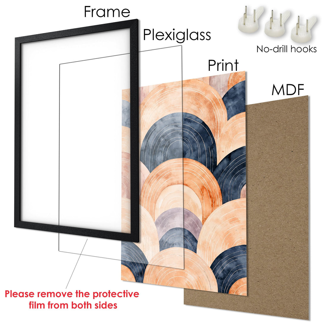 Framed Poster featuring an abstract watercolor design with warm orange and blue hues. Perfect for adding art to your space!