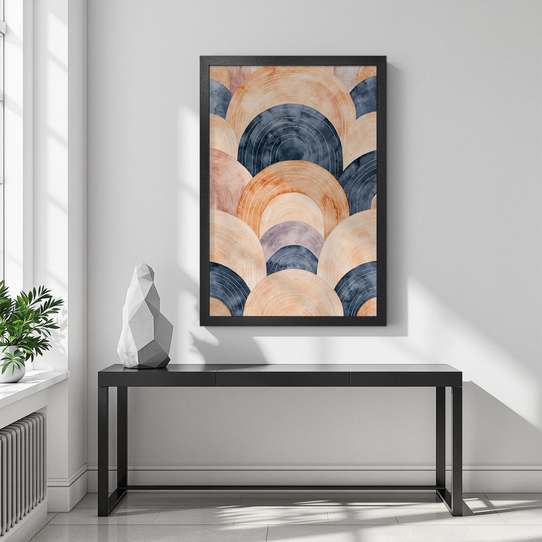 Framed Poster featuring an abstract watercolor design in warm orange, blue, and neutral tones. Modern art print for home decor.