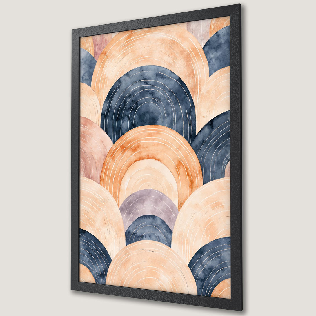Framed Poster featuring abstract watercolor arches in warm peach & navy tones. Modern art print for home decor.