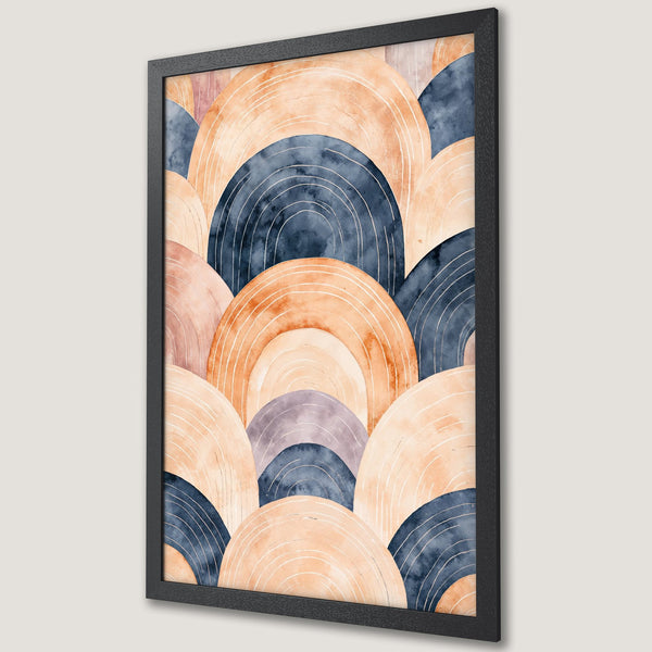 Framed Poster featuring abstract watercolor arches in warm peach & navy tones. Modern art print for home decor.