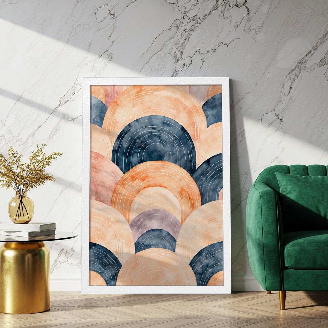Framed Poster featuring abstract watercolor arches in a warm, inviting color palette. Perfect wall art for modern decor.