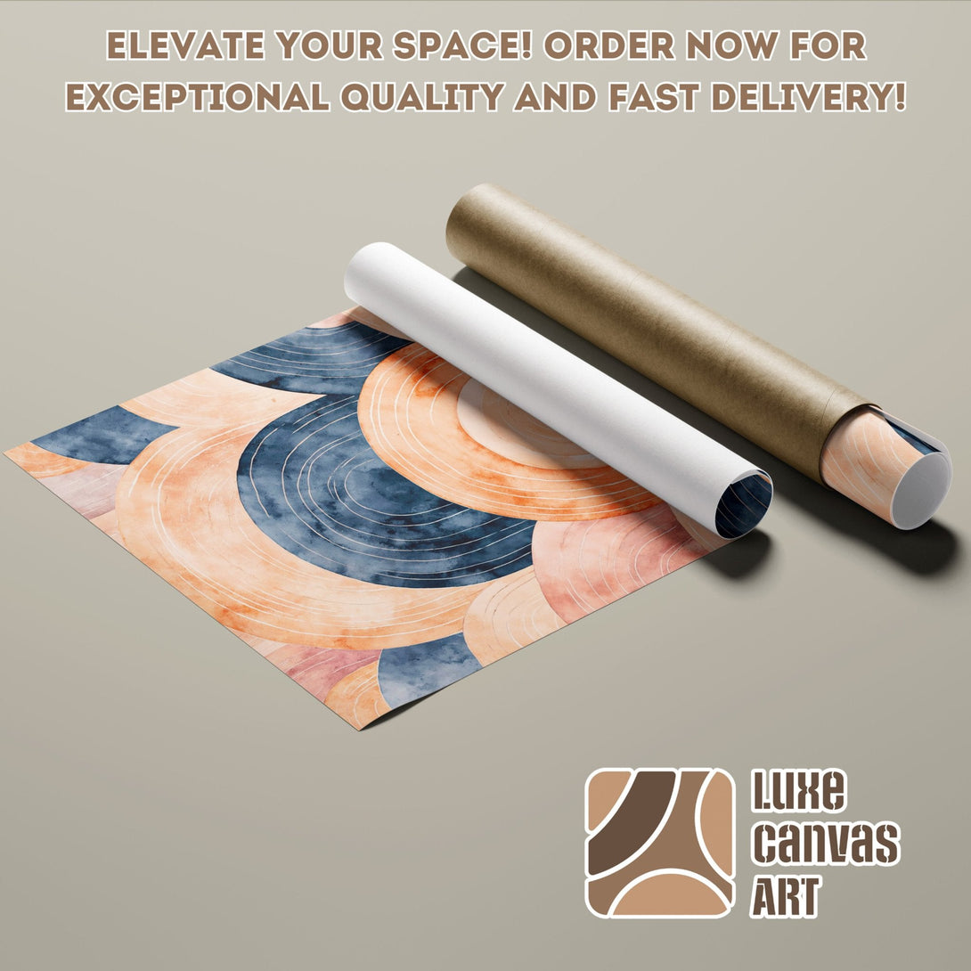 Abstract watercolor Poster Roll in blue, peach, and brown tones. Elevate your decor!