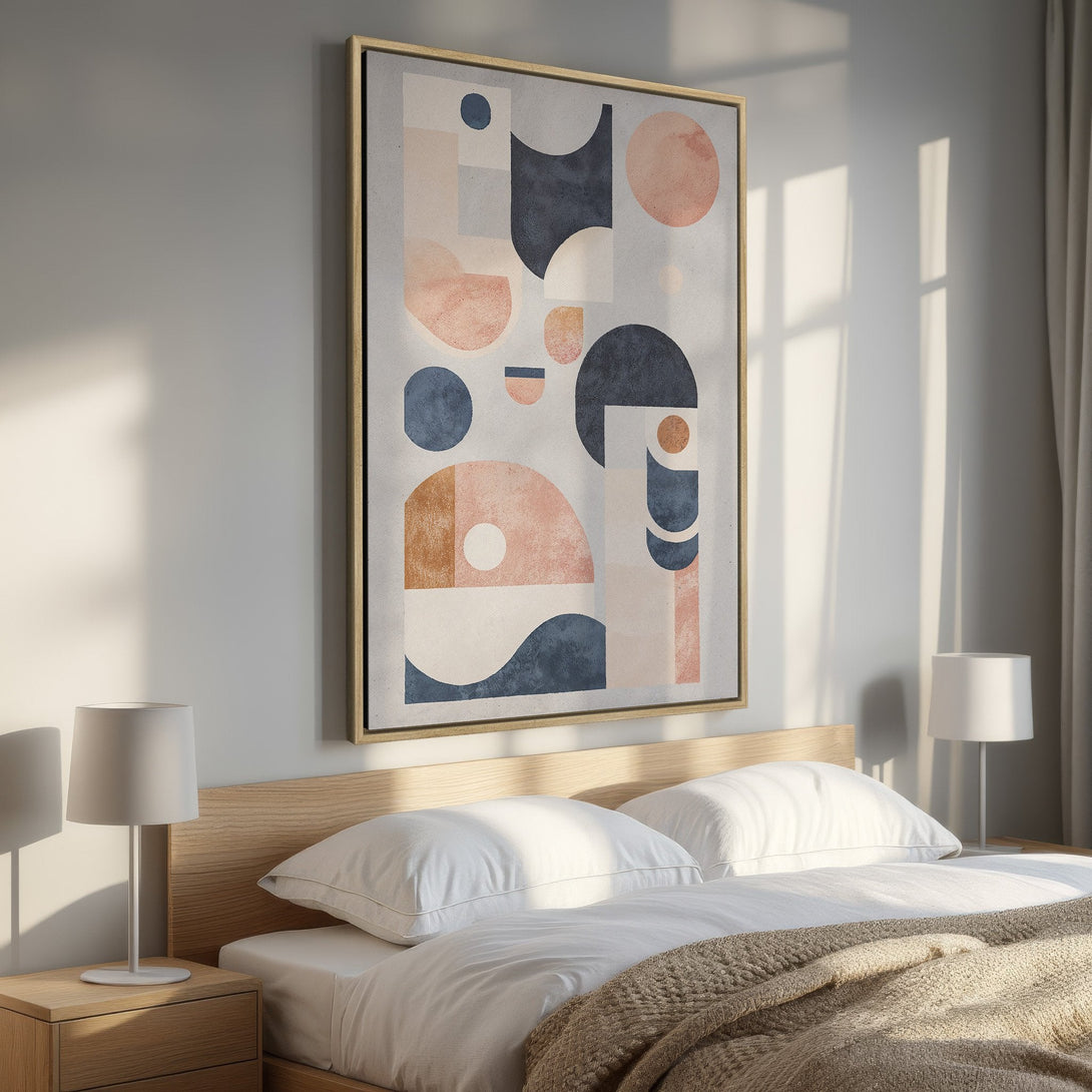 Framed Wall Art: Modern abstract art Canvas Print in a bedroom. Features geometric shapes in muted pink, blue, and beige tones. Perfect for minimalist decor.