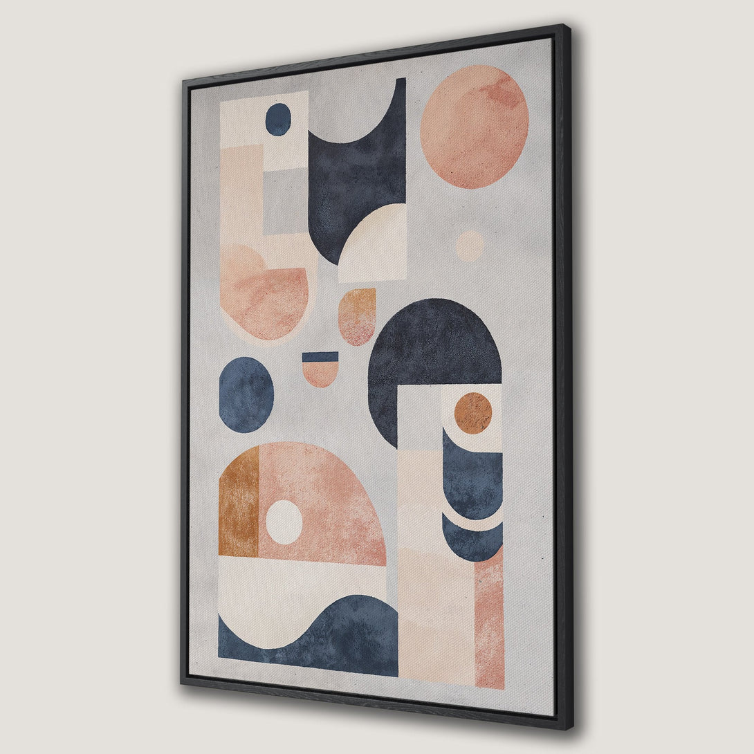 Framed Wall Art: Abstract geometric art in muted pink, navy, and tan tones. Modern canvas print for stylish home decor.
