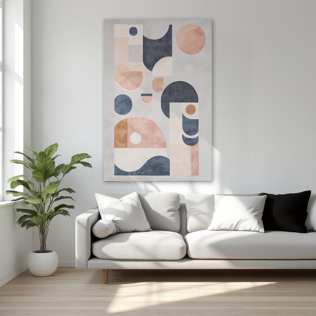 Framed Wall Art: Abstract geometric design in blush, navy, and neutral tones. Modern art for your bedroom. Elevate your space with this canvas print.