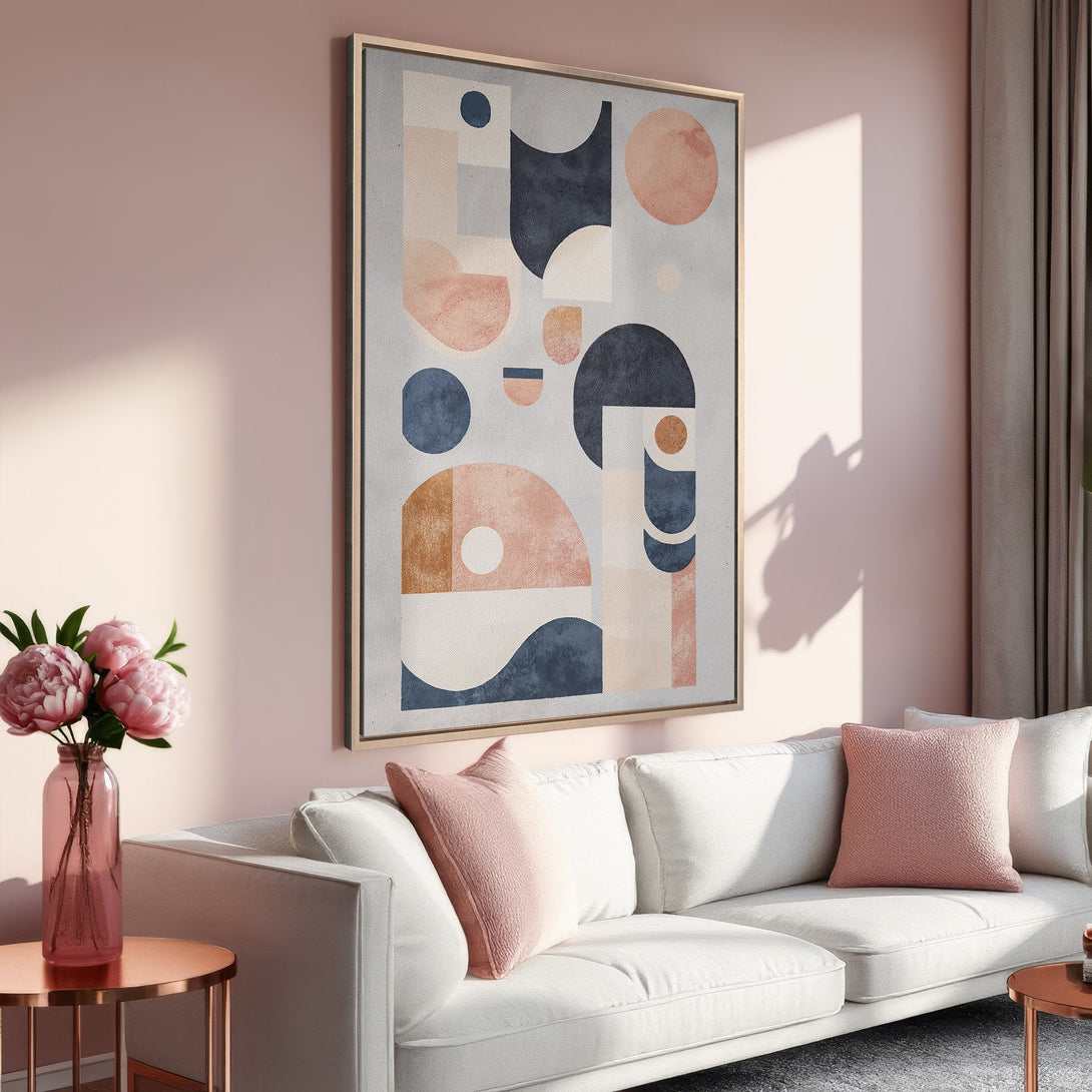 Framed Wall Art featuring abstract geometric design in blush, navy, and gold tones. Modern art canvas print adds a touch of elegance to any interior.