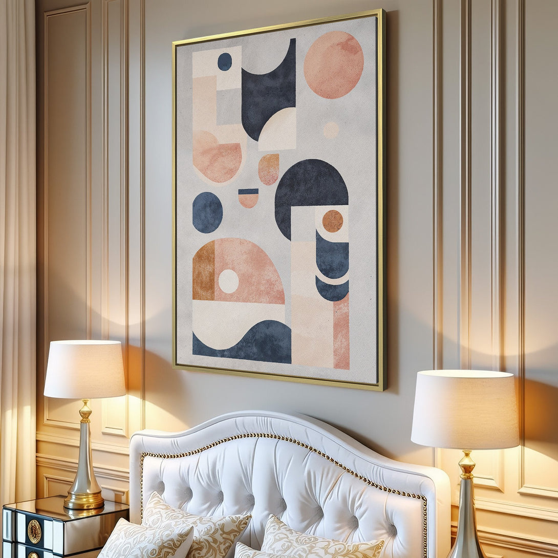 Canvas Print featuring abstract geometric art in a modern interior. Soft blush, navy, and neutral tones create a calming aesthetic.