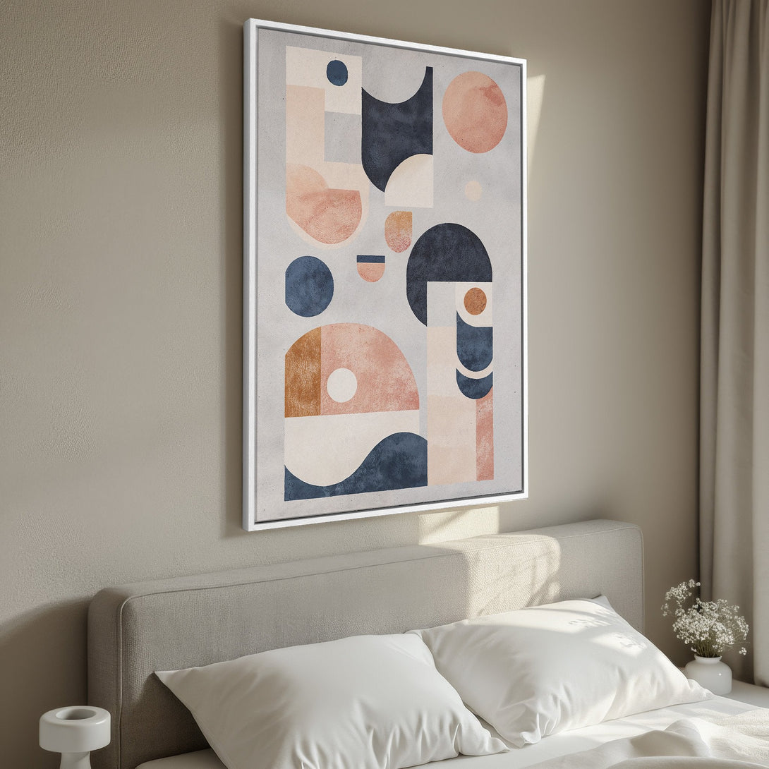 Framed Wall Art featuring abstract geometric shapes in blush, navy, and terracotta tones. Modern art for bedroom decor. Canvas Print.